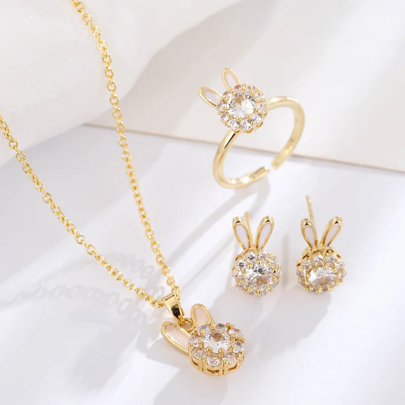 

Gold Zirconia Cute Rabbit Jewelry Set Fashion Trend Anniversary Dinner Ladies Necklace Ring Earrings Jewelry Free Shipping
