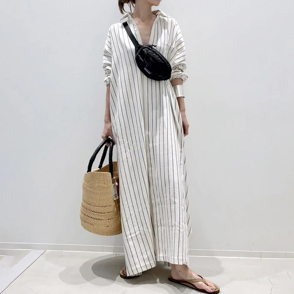 

New Fashion Loose Turn-down Collar Shirt Type Dress Casual Stripe A Line Autumn Full Sleeve Long Loose List Hot Women Clothes