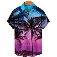 coconut tree sunset print hawaiian shirt summer new casual fashion men beach vacation short sleeve v neck lightweight quick dry