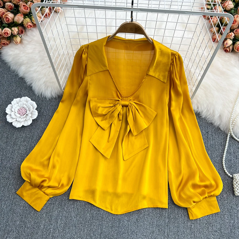 

Женская шифоновая рубашка с v-образным вырезом, бантом и рукавами-фонариками, 2022, Ранняя весна, новый французский шик, темпераментный однотонный топ