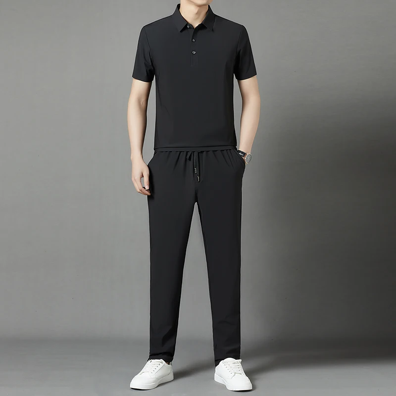 

Летний Повседневный Спортивный костюм для мужчин среднего возраста свободная ледяная шелковая стрейчевая рубашка-поло с лацканами брюки с...