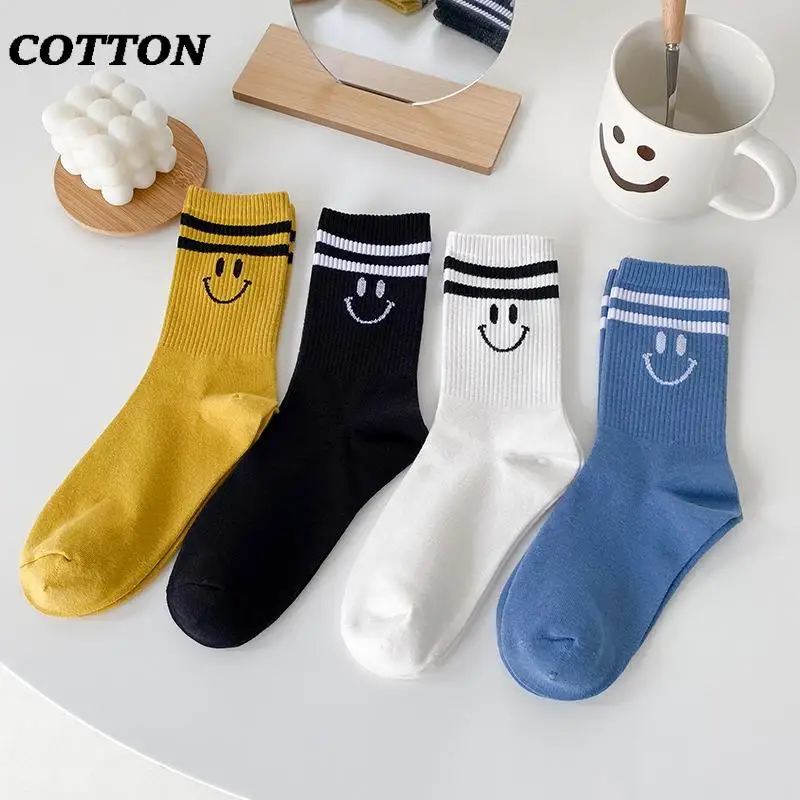 

Striped Smiley Face Socks Streetwear Cute Slouch White Black Meias Kawaii Women Cotton Calcetines Woman Sports Skarpetki Sox