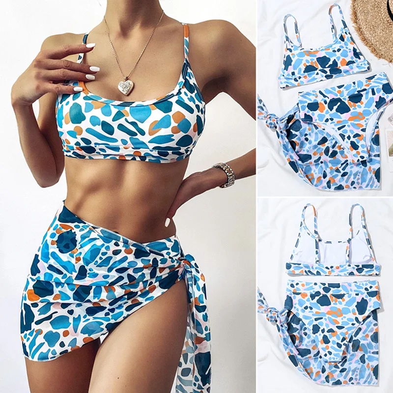 

Женский купальный костюм с принтом, комплект из 3 предметов бикини, сексуальная одежда для плавания, летняя пляжная одежда, купальный костюм...