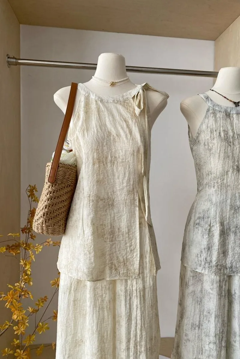 Новинка лета 2024 стильная маленькая рубашка Miiiix с завязкой на шее и широкие брюки