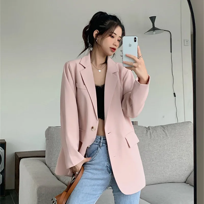 

High Quality Solid Color Blazers Korean Casual Lapel Single-breasted Long Sleeve Lady Office Suit Jacket Autumn Women Outwear