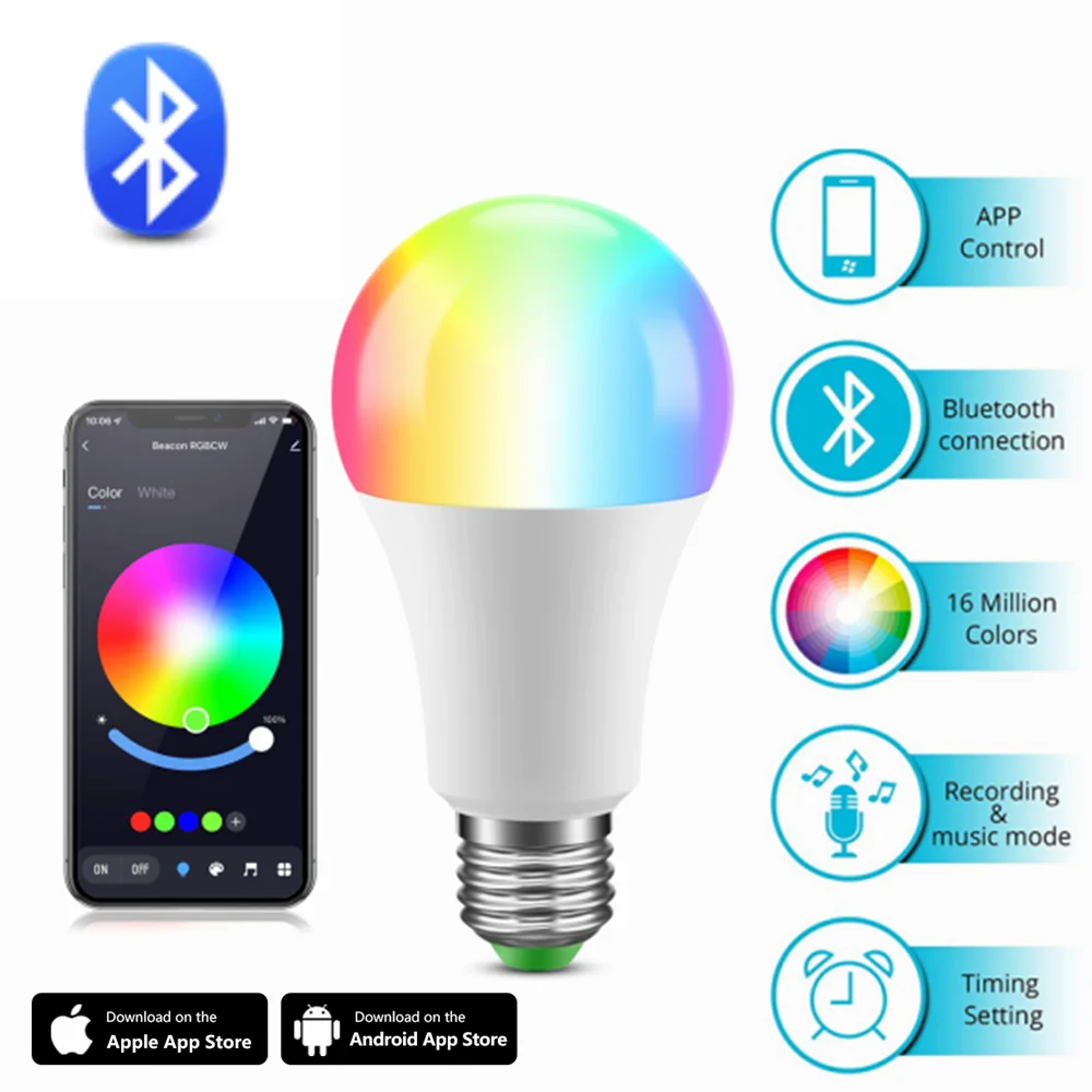 

Dimmable Smart Blue-tooth LED Bulb E27 B22 RGB+CCT RGBCW Wireless LED Indoor Chandelier Lamp Work With Alexa, IFTTT,Google Home