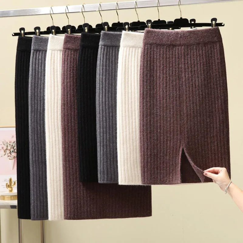 

Elastic Women Skirt 2022 Autumn Winter Split Sexy Warm Knitted Pencil Skirts Office Ladies High Waist Party Elegant Long Skirt