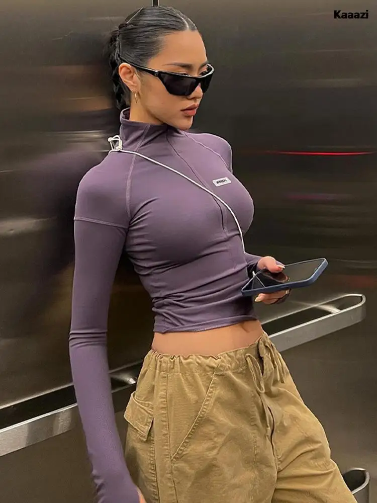 

KAAAZI 2023 модная новинка Женская облегающая футболка на молнии с длинным рукавом укороченный топ для фитнеса уличная одежда Y2K одежда пикантный короткий топ