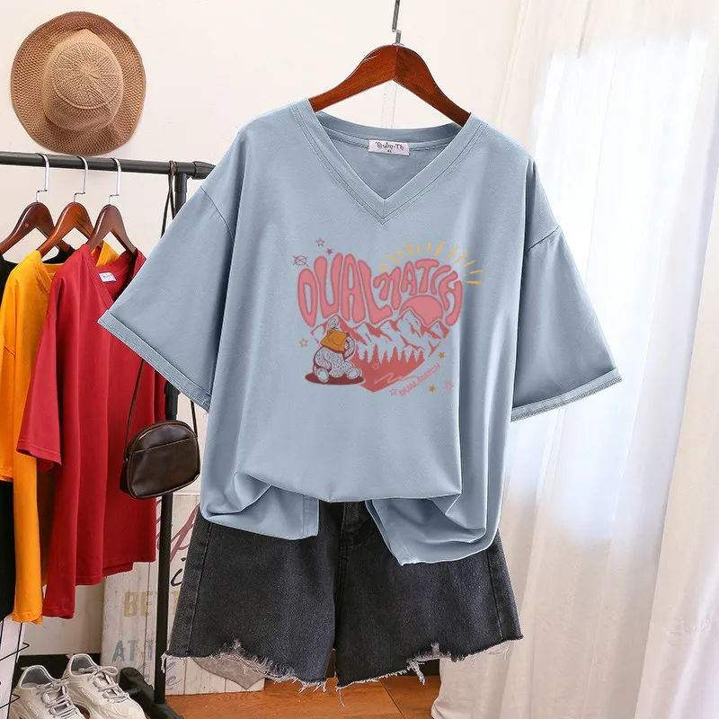 

DAYIFUN Plus Size T Shirt 100% Cotton L-6XL Tshirt Short Sleeve Women Top 2022 Summer Cartoon Printed V Neck Oversized T Shirts