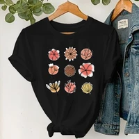 flowers print gift women t shirt round neck graphic tees tops female streetwear summer ropa de mujer lady t shirt clothing