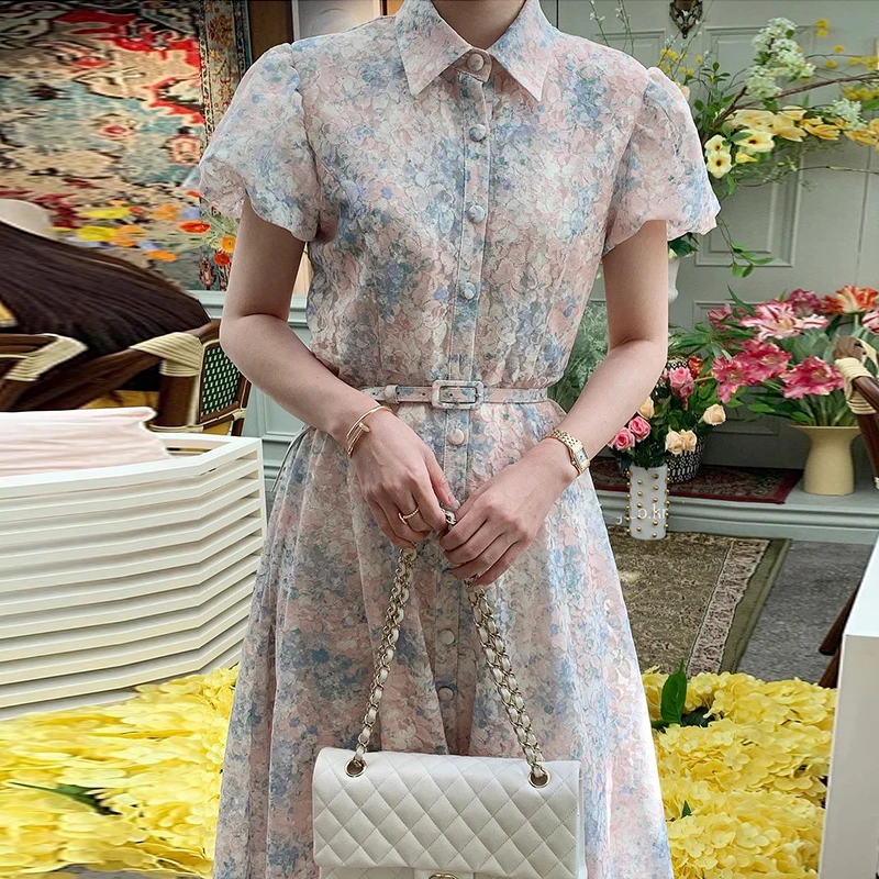 

Clothland Women Retro Floral Midi Dress Belt Short Sleeve Single Breasted One Piece Summer Vintage Dresses Vestido QC252