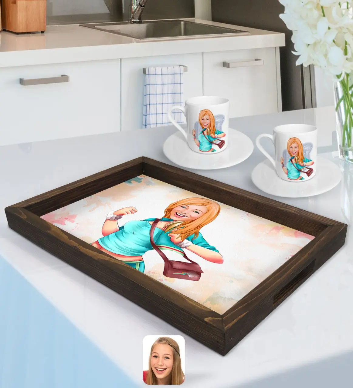 

Personalized Women 'S Caricature Of Natural Wooden tray and 2gang Coffee Cup Seti-52