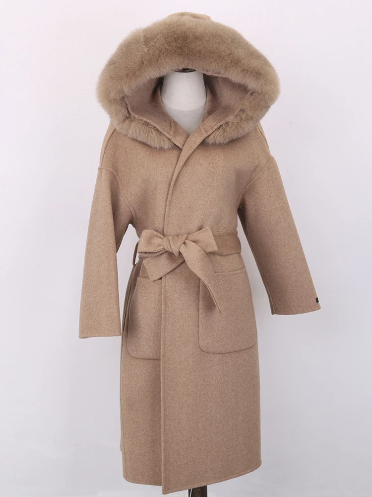 FURYOUME 2022 New Cashmere Wool Blends Real Fur Coat Oversize Loose Winter Jacket Women Natural Fox Fur Collar Hooded Streetwear