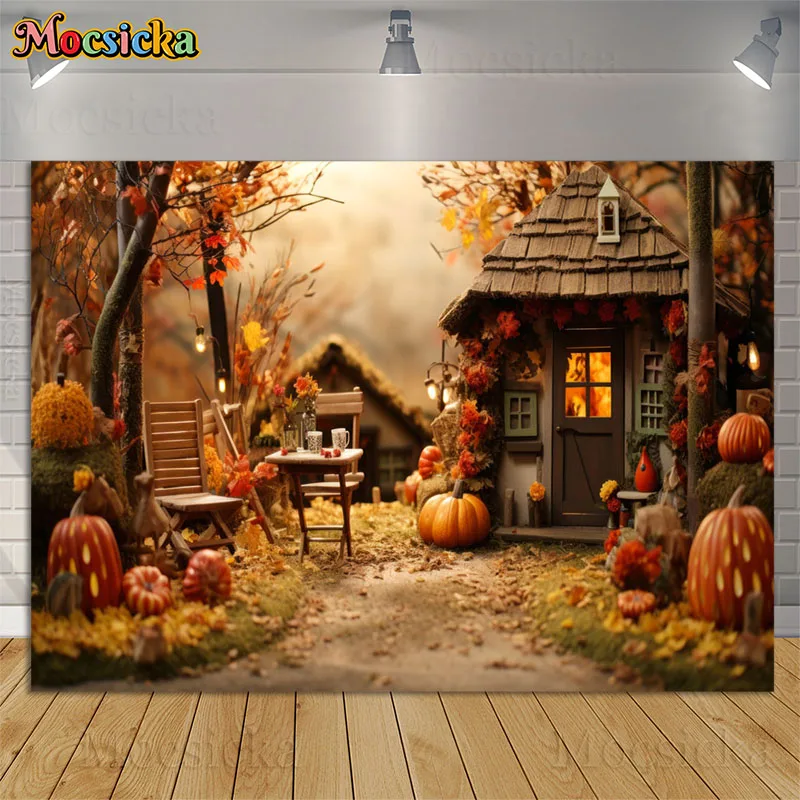 

Autumn Harvest Backdrops Photography Fall Pumpkin Maple Leaf Kids Portrait Thanksgiving Props Background Photo Studio Photocall