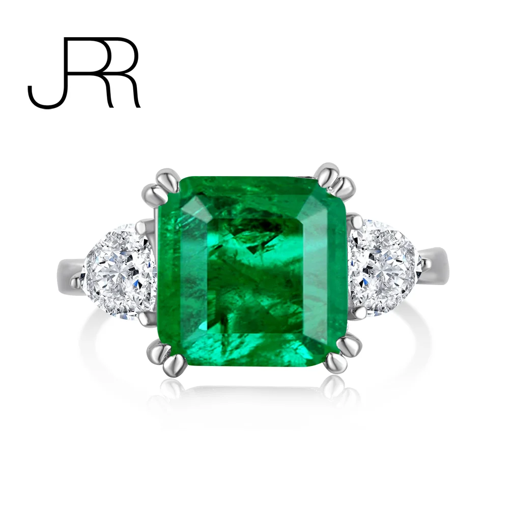 

JRR Luxury 925 Sterling Silver 5ct Crushed Ice Cut Green Emerald High Carbon Diamonds Fine Jewelry Wedding Engagement Women Ring