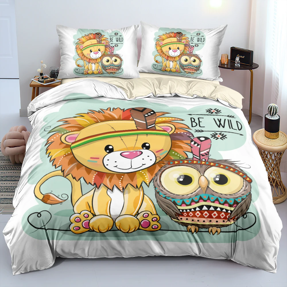 

3D Cartoon Ethnic Lion And Owl Linens Bed Comforter Cover Set Twin Full Queen King Size 203x230cm Bedding Set for Children Adult