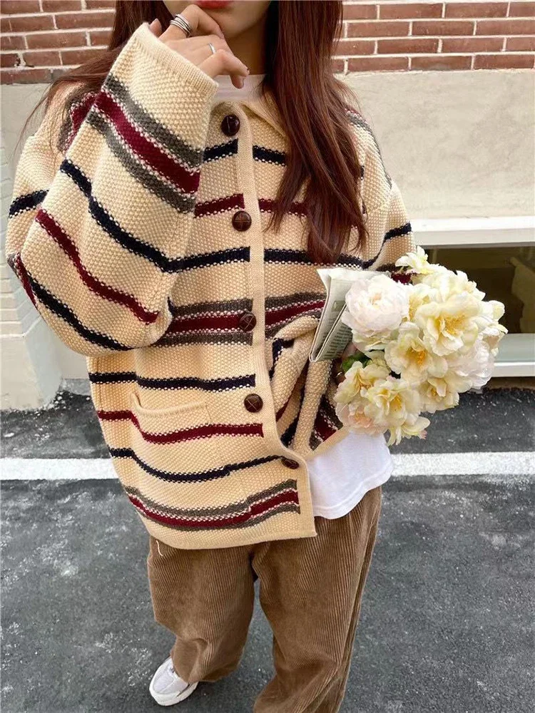 Zoki женский дизайн полосатый кардиган пальто High Street Koren свободный вязаный свитер