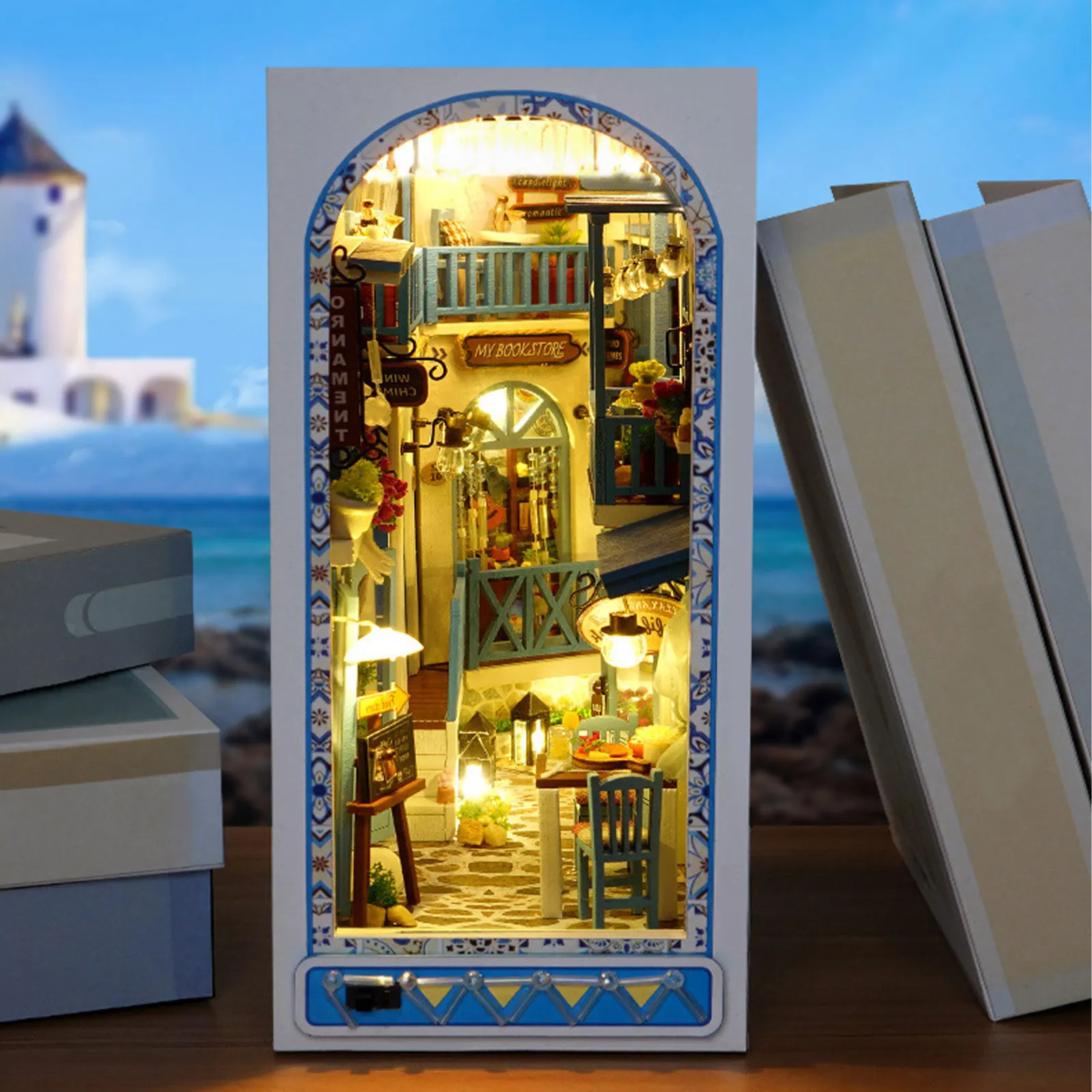 

DIY Book Nook Kit 3D Wooden Puzzle Bookshelf Insert Decor with Warm Light DIY Miniature Dollhouse Model Kit Creative Educational