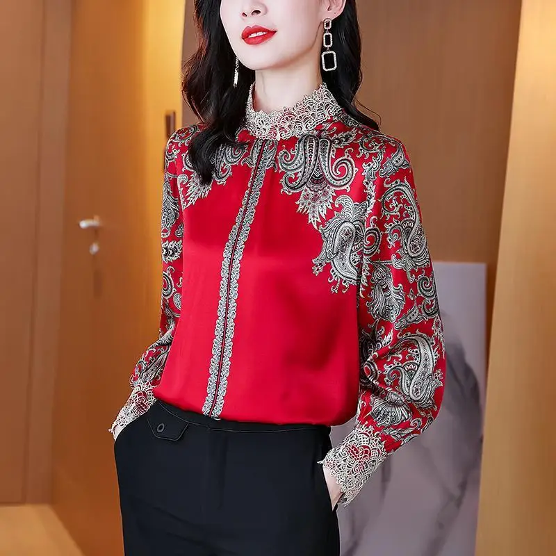 Женская винтажная рубашка с длинным рукавом кружевная Свободная принтом в стиле