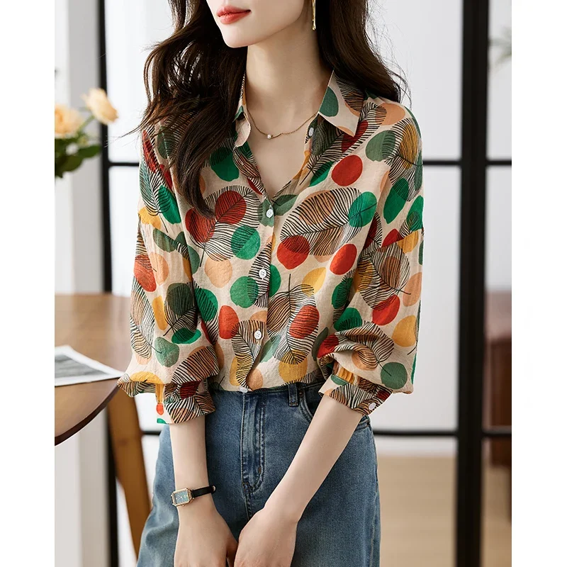 Шикарная Тонкая Повседневная женская шифоновая рубашка в стиле ретро с цветным