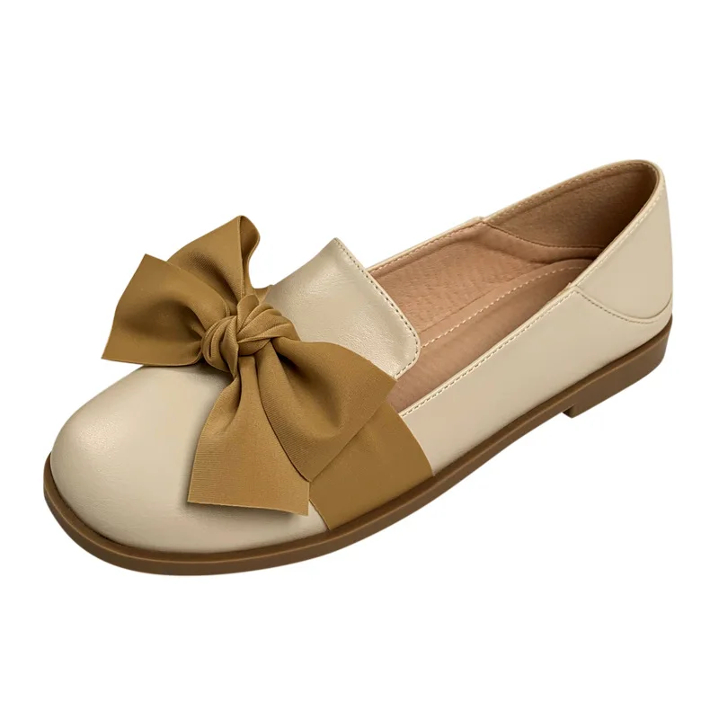 Mr Co Fashion Women Loafers Spring Autumn Slip On Round Toe Flat Single Shoes Ladies British Style Bowknot Leather Casual Shoes