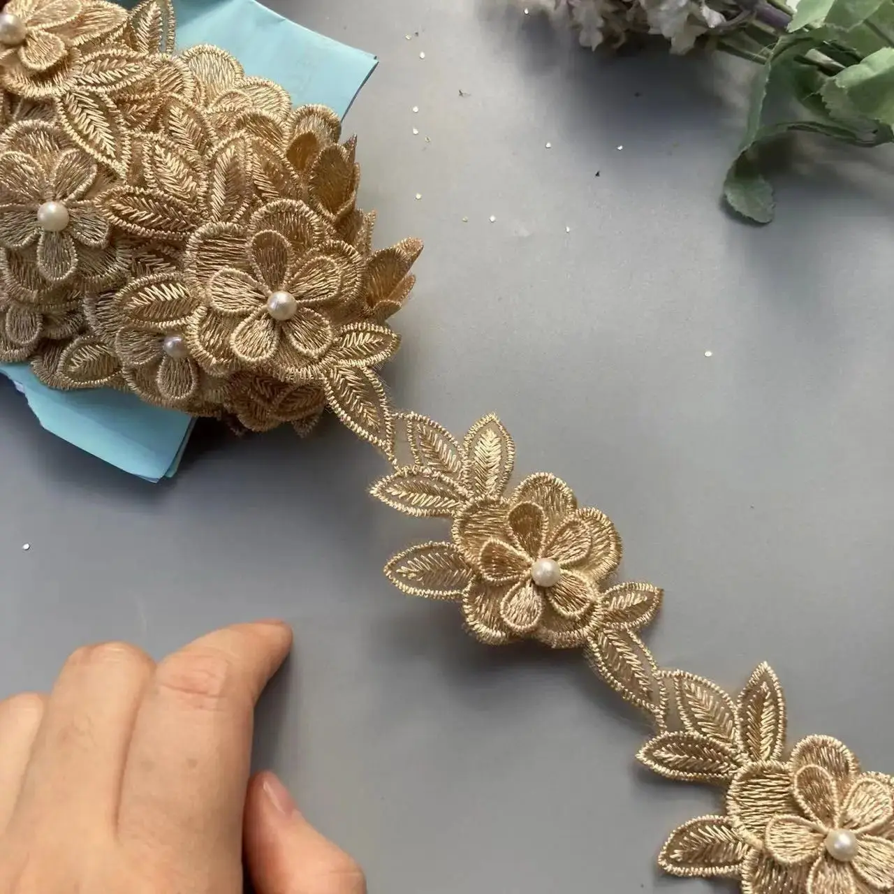 1 ярда золотой жемчужный цветок лист ручная работа вышитая бисером кружевная