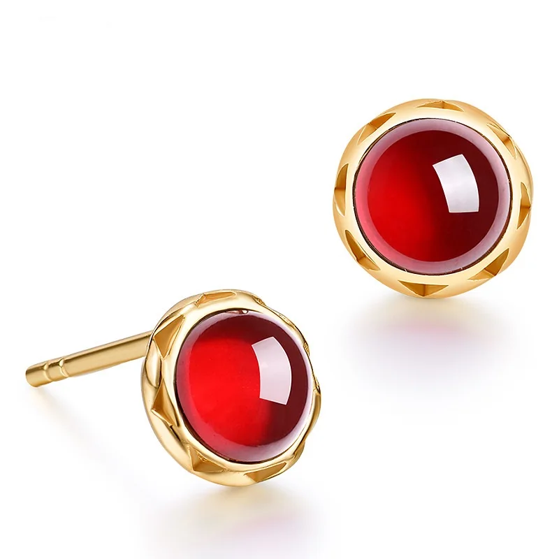 

S925 Sterling Silver Color Women 5mm Garnet Stud Earrings Vintage Jewelry Birthday Party Girl Gifts Gold Earrings Free Shipping