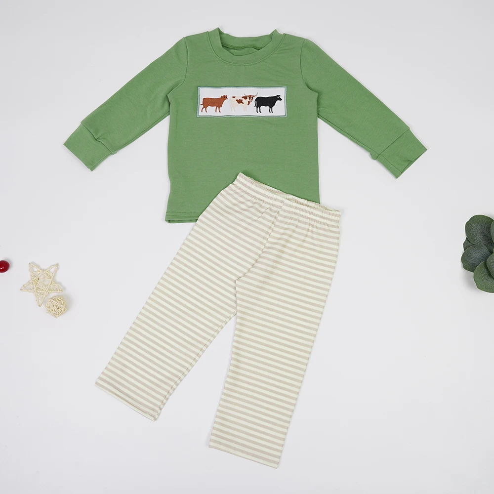 

2pcs Baby Girls Clothes Pure Cotton Outfits Cow Embroidery Floral Pattern Long Pants Children Boutique Clothing