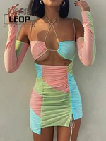 ledp sexy beach party club y2k color block patchwork long sleeve off shoulder mesh mini dress hollow out ruched bodycon
