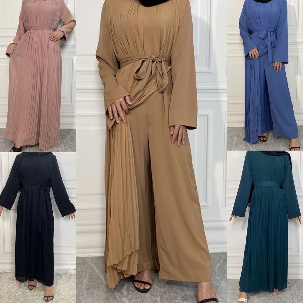 Модная женская одежда, Арабская абайя, макси-халат, плиссированные комбинезоны, платье, кафтан Рамадан, Малайзия, Турция, однотонный цвет