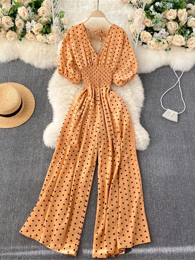 Женский комбинезон в горошек повседневный с V-образным вырезом и коротким