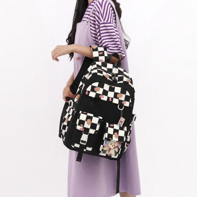 Grade 3-6 Children Cute Fashion Lattice Trolley Backpacks New Girls Sweet Light High-capacity Panelled School Bags Drop Shipping