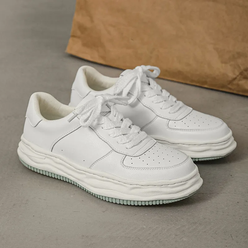 

Korean design mens casual white shoes lace-up genuine leather shoe breathable flats platform sneakers non-slip footwear zapatos