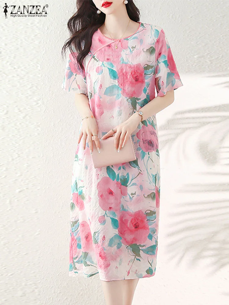 

Cheongsam Dress ZANZEA Chinese Style Vintage Flower Printing Midi Sundress Fashion Women Round Neck Robe Party 2023 Summer Dress