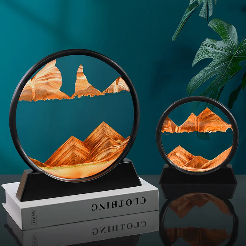 

7/12 Inch 3D Moving Sand Art Mountain Flowing Sand Picture Round Glass Dynamic Display Quicksand Painting Kid's Gifts Home Decor
