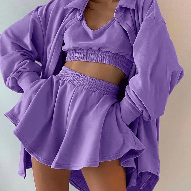 

Женский спортивный костюм, комплект из трех предметов, короткий жилет + шорты + рубашка, однотонный спортивный костюм с капюшоном, лето-осень