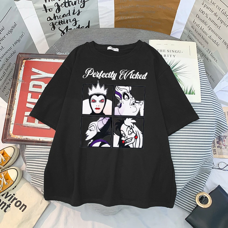 

Осенняя хлопковая футболка Disney, новинка, модная Веселая футболка с изображением злодеев и плохой девочки, 100% хлопок, Готическая футболка в с...