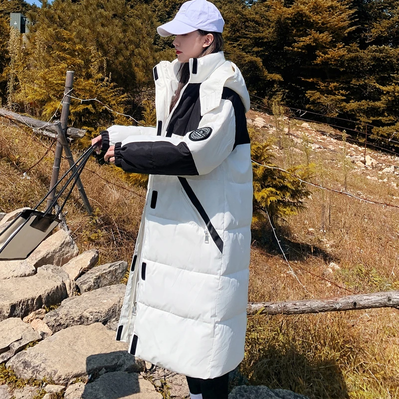 

Winter Long Warm Jacket Women 2022 Black White Tooling Cotton Padded Parkas Knee High Coat Female Overcoat Manteau Femme Hiver
