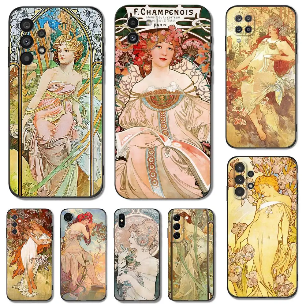 Черный чехол из ТПУ для Samsung galaxy A54, A34, A14, 5G A04, NOTE 20, 10, 9 PLUS, Ультратонкий чехол с изображением Альфонса Мухи