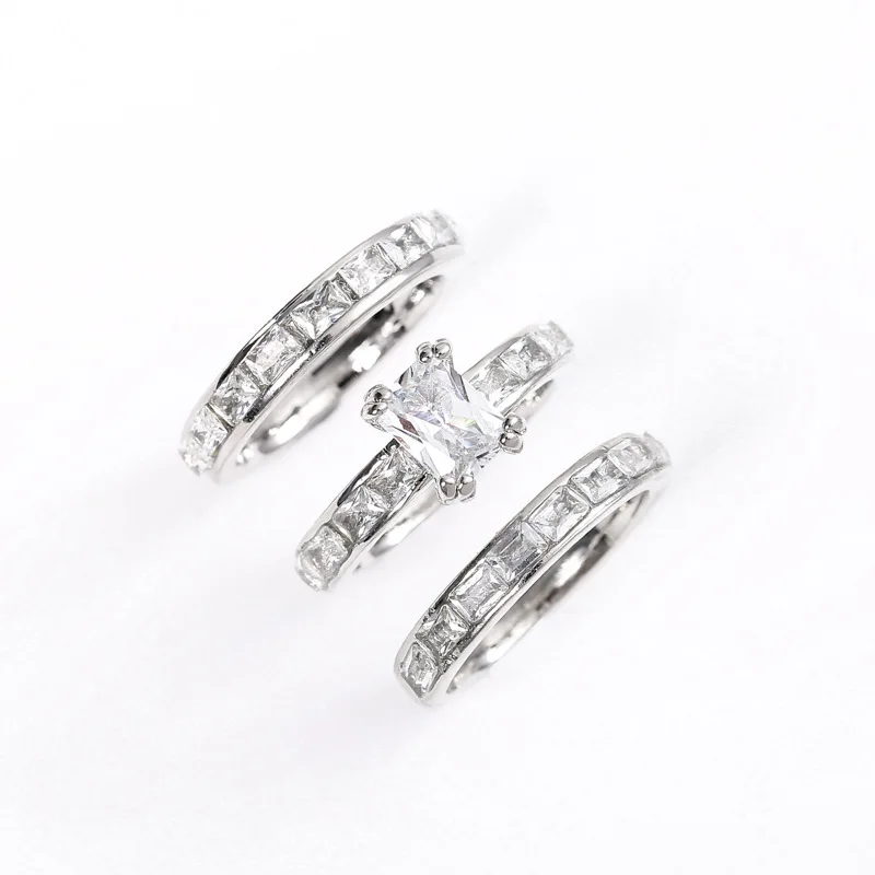 

Milangirl 3 Pcs/set Silver Color White Cubic Zircon Crystal Rhinestone Female Metal Ring Set for Women Party Wedding Jewelry