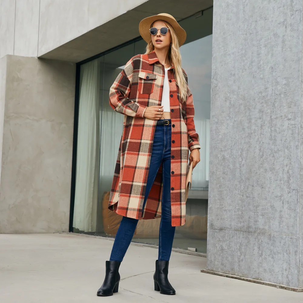 

Mandylandy Women Winter Warm Plaid Long Loose Jacket Trench Fashion Vintage Long Sleeve Turn Down Collar Button Pocket Coat