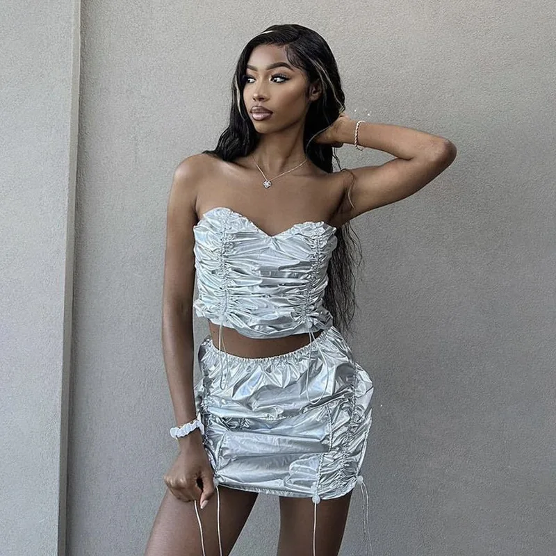 

Pleat Dress 2 Piece Mini Skirt Sets 2023 Elegant Luxury Bandage Club Dress Summer Clothes Sexy Crop Top Outfit Two Piece Sets