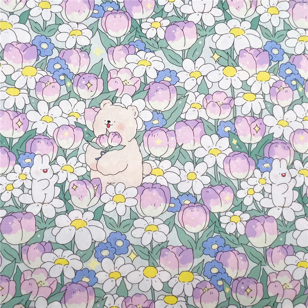 Хлопковая ткань с изображением тюльпана и медведя для шитья квилтинга материал