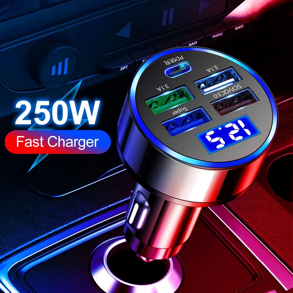 250W LED Car Charger 5 Ports Fast Charge PD QC3.0 USB C Car 