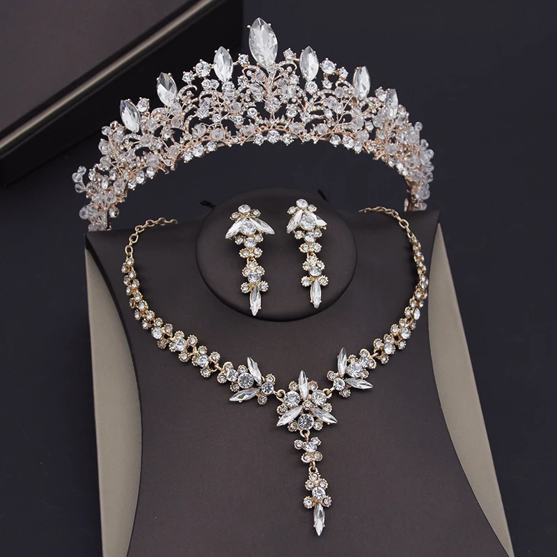 

Luxury Handmade Crystal Beads Tiaras Bridal Jewelry Sets for Women Bride Crown Wedding Dress Necklace Earrings Crown Sets