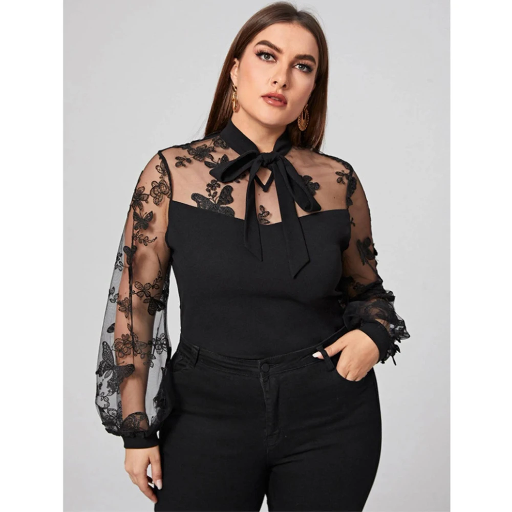 

Блузки или Топы HAOOHU для женщин, одежда большого размера, однотонная сетчатая Лоскутная модная повседневная футболка с длинным рукавом и бан...