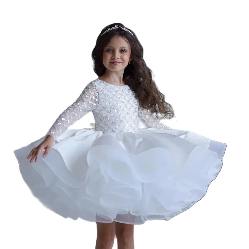 

Белое цветочное платье для девочек на свадьбу, длинное бальное платье без рукавов со сверкающими бусинами, платье для первого причастия, платье на день рождения