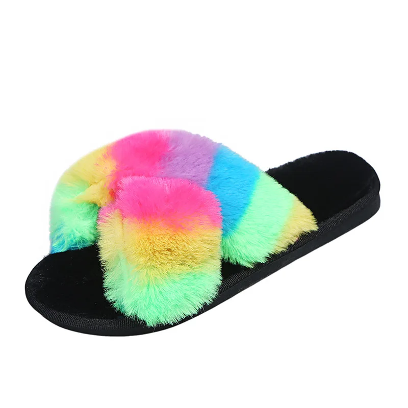 Women's Fuzzy Fluffy Furry Fur Slippers Flip Flop Open Memory Foam Sandals Slides Soft Flat Comfy Anti-Slip Indoor Outdoor