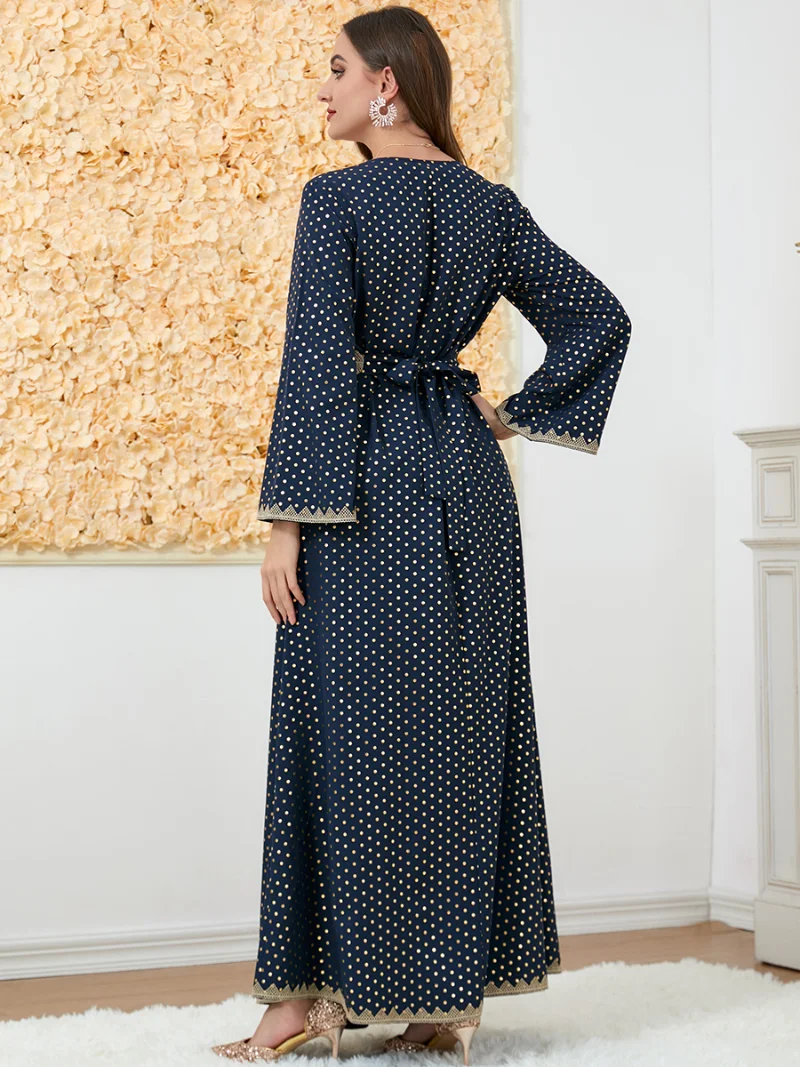 Turkey Dresses For Women Polka Dot Lace Embroidery V-Neck Long Sleeve Elegant A-Line Dress Belted Kaftan Muslim Women Clothing