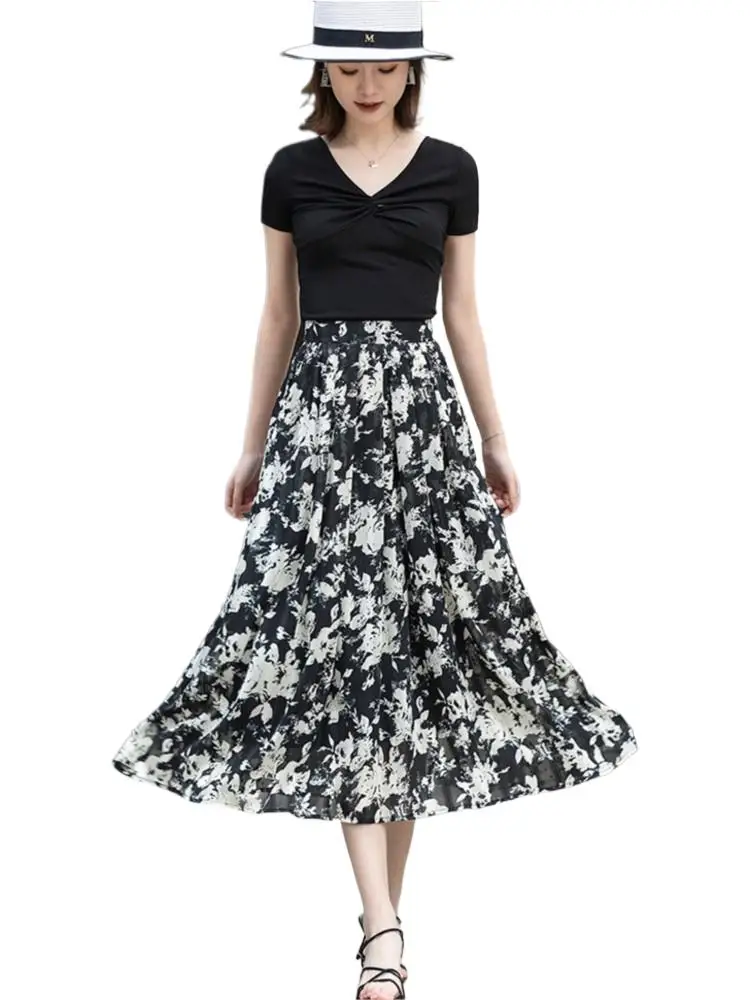 

Винтажная белая длинная юбка с принтом, летняя трапециевидная эластичная юбка с высоким воротом, Женская Повседневная универсальная юбка, плиссированная шикарная юбка для женщин